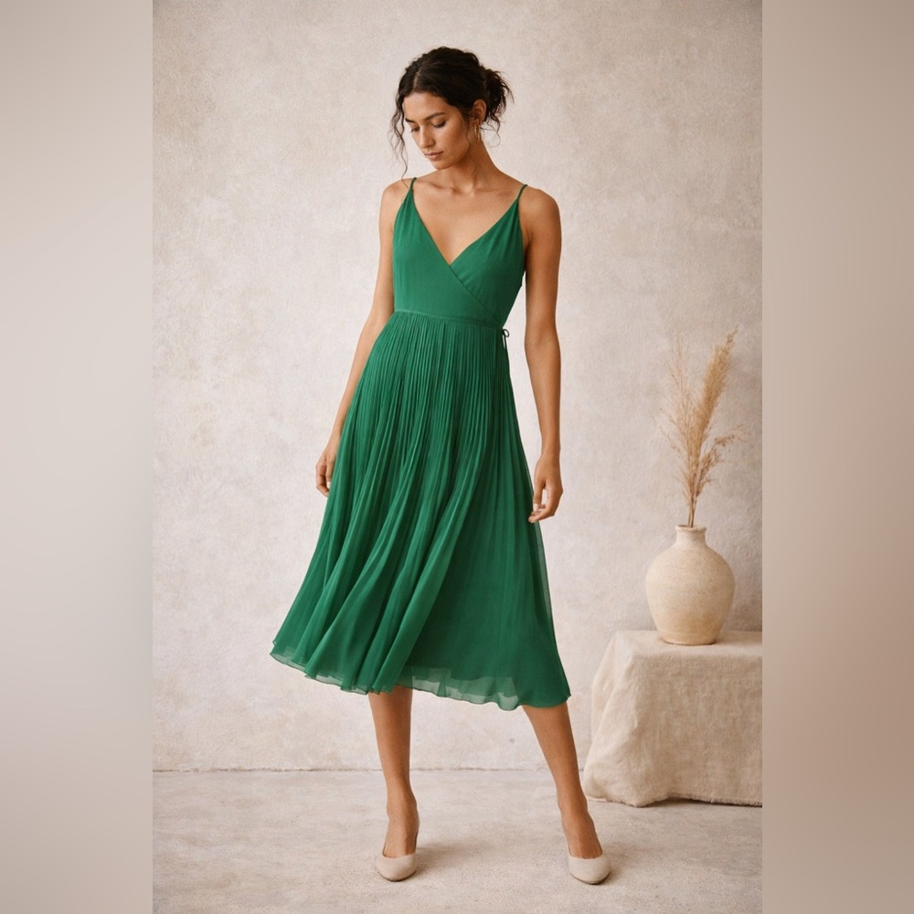 Aritzia Green Pleated V-Neck Midi Dress